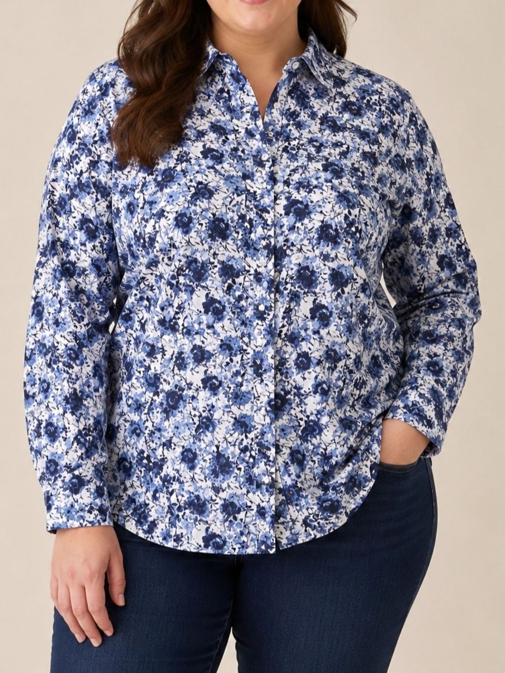 Duluth Trading Co Women's 2X Blue White Floral Button Front Shirt Stretch Cotton
